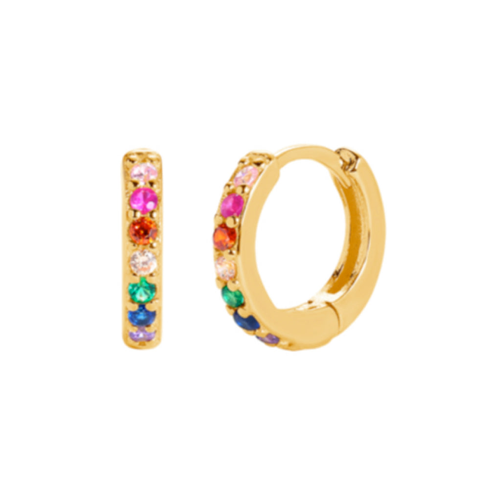 BESKRIVNING Poppa till det i färger med örhängen  gjorda av 18k Guld på 925 Sterling Silver & sju infattade färgglada CZ-stenar. Dessa kommer att se slående ut ensamma eller tillsammans med din övriga samling. MÅTT  1 cm  ø MATERIAL 18k Guld på S925 Silver med Cubic Zircon stenar  För maximal hållbarhet, se vår guide BLING OF BENELUX® - SIMPLY HER STYLE